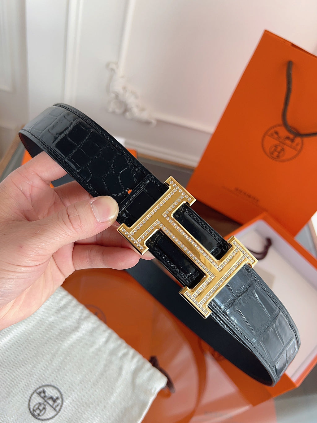Ремінь Hermès з шкіри крокодила з пряжкою з кристалами — фото 1