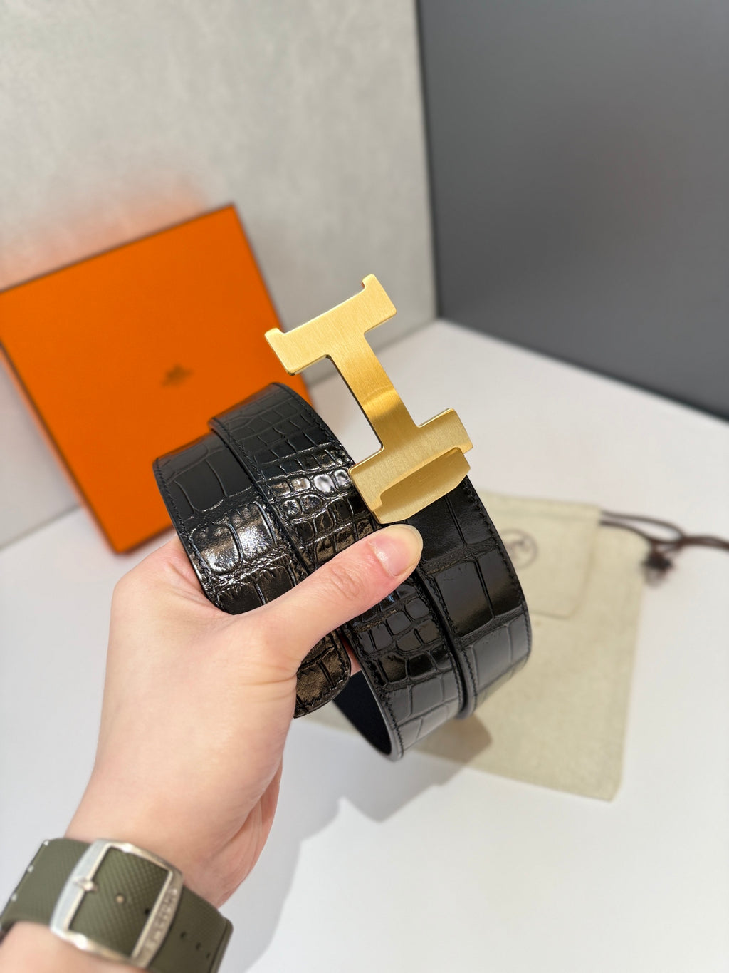 Ремінь Hermès з натуральної шкіри з тисненням під крокодила — фото 4