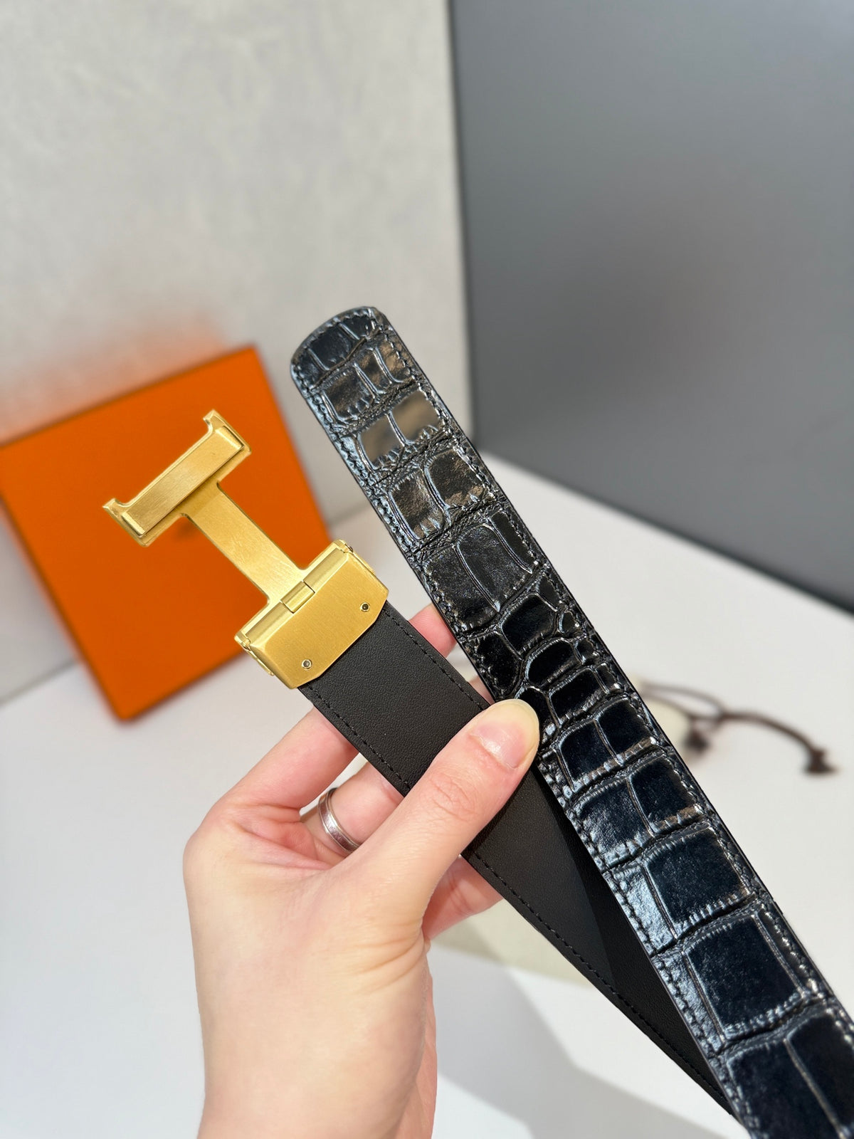 Ремінь Hermès з натуральної шкіри з тисненням під крокодила — фото 6