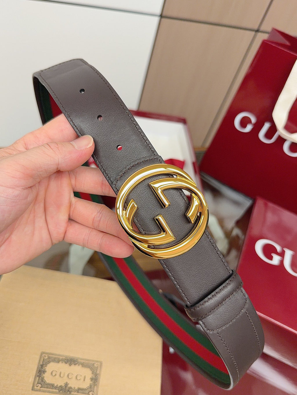 Ремінь Gucci з полотна та натуральної шкіри